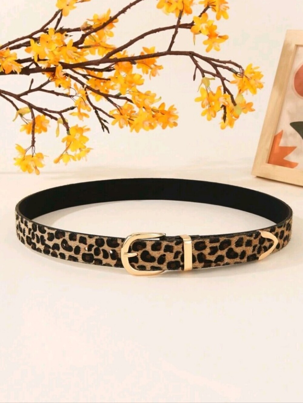 Leopard Print Faux Fur Vegan Leather Belt with Golden Buckle